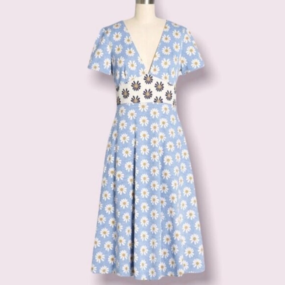 Anthropologie Hutch Large ModCloth Daisy Dress Rainey Blue White Yellow Midi